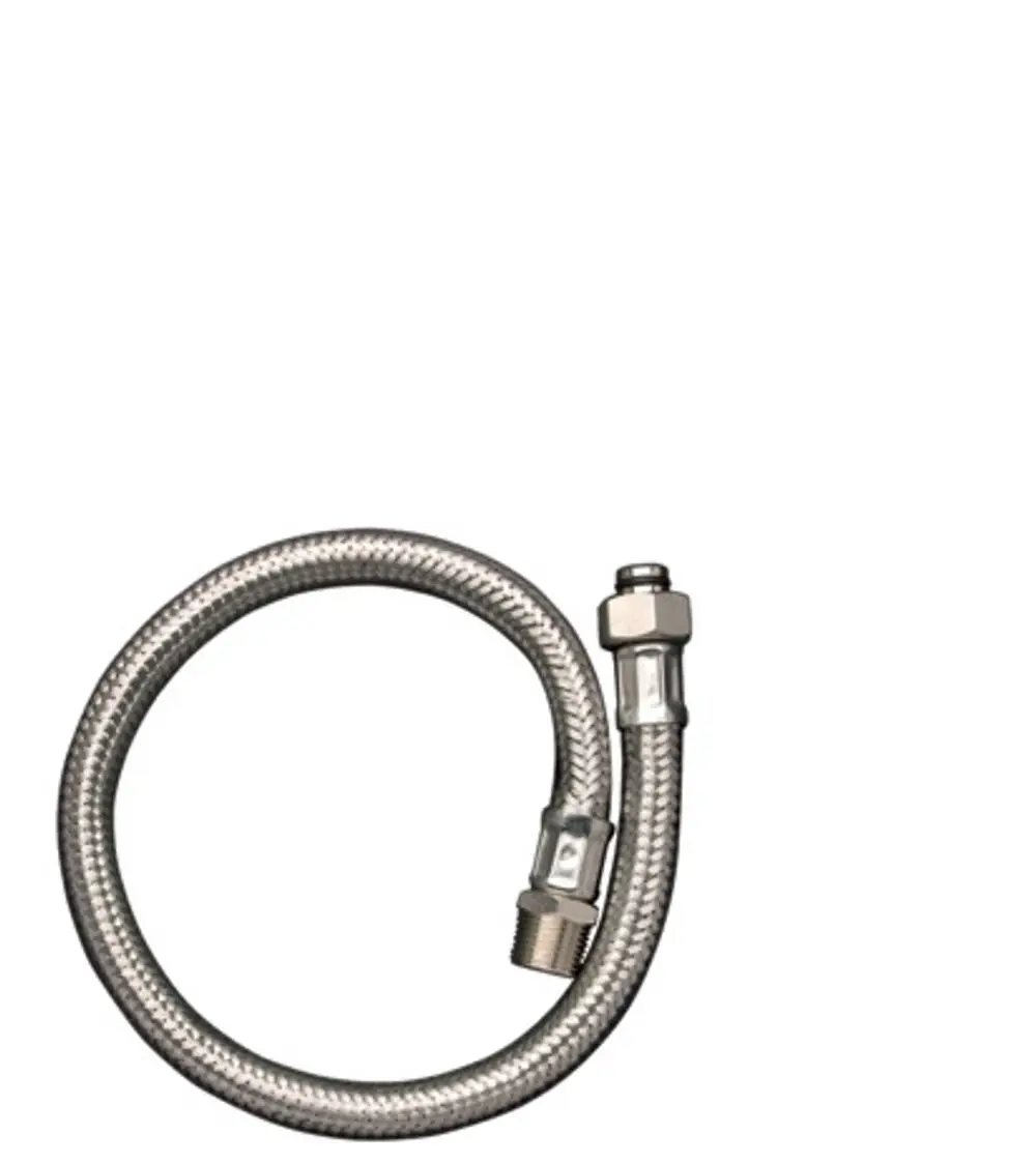 Flexibler Metallanschlussschlauch von Hansgrohe, geformt in eine Schlauchart, mit zwei unterschiedlichen Anschlussstücken für die Verbindung mit einem Thermostat.